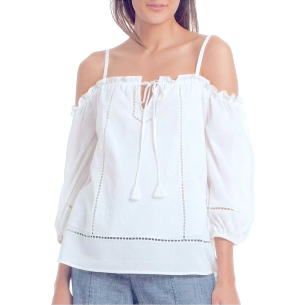 Trina Turk Jillian Off White Blouse Top Women's Medium Festival Boho Shoulder